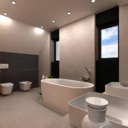 Wizualizacja przestronnej łazienki z wolnostojącą wanną, umywalką nablatową i toaletą w stylu minimalistycznym, z oknem z czarną ramą i szarymi płytkami na ścianie.