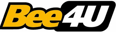 Logo firmy Bee4U z żółtym napisem na białym tle, obramowanym czarną linią i umieszczonym na czarnym tle w zaokrąglonym prostokącie.