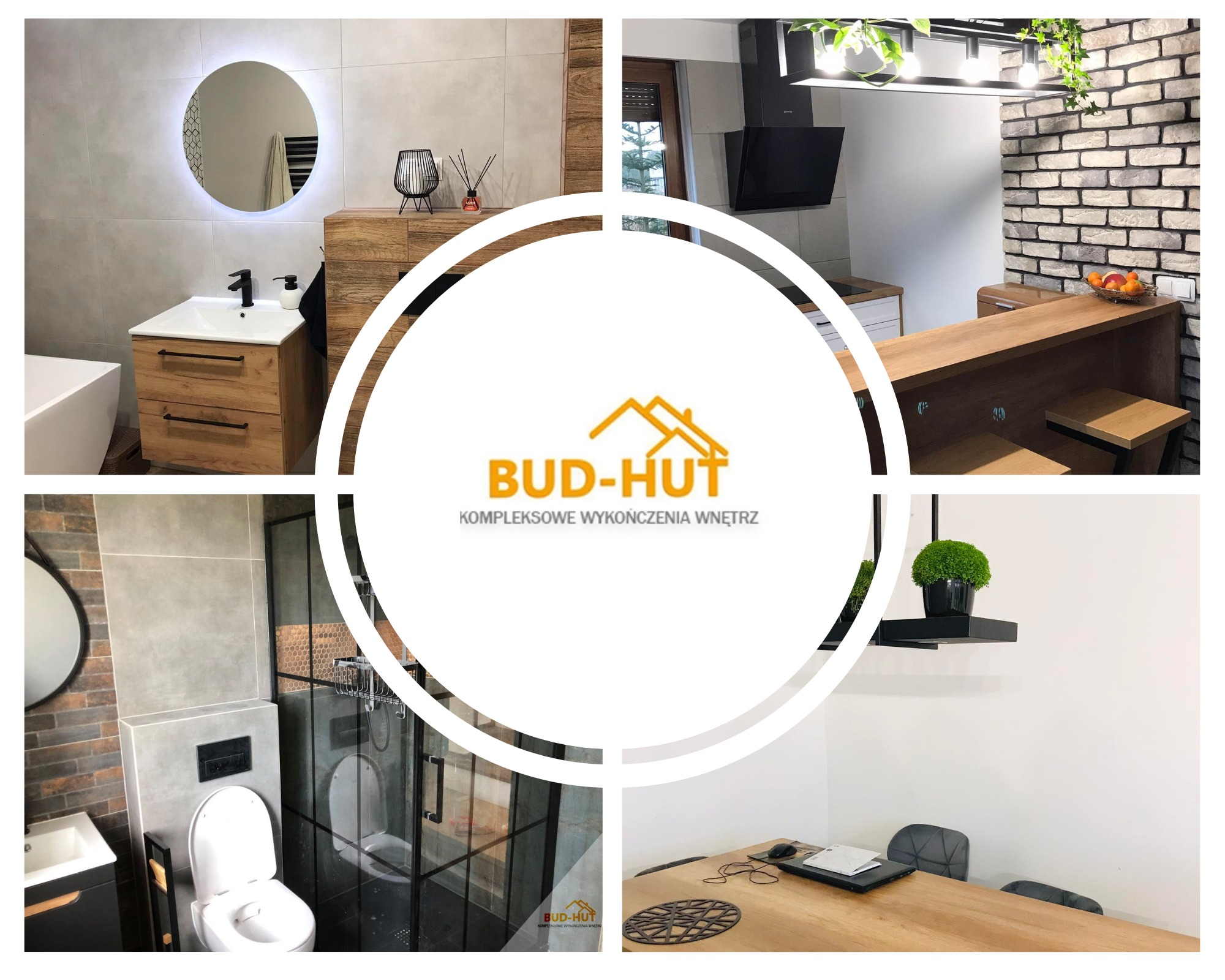 Kolaż czterech ujęć wnętrz: łazienka z okrągłym lustrem i drewnianą szafką, kuchnia z ceglaną ścianą i drewnianym blatem, łazienka z kabiną prysznicową typu walk-in oraz biuro z drewnianym biurkiem...