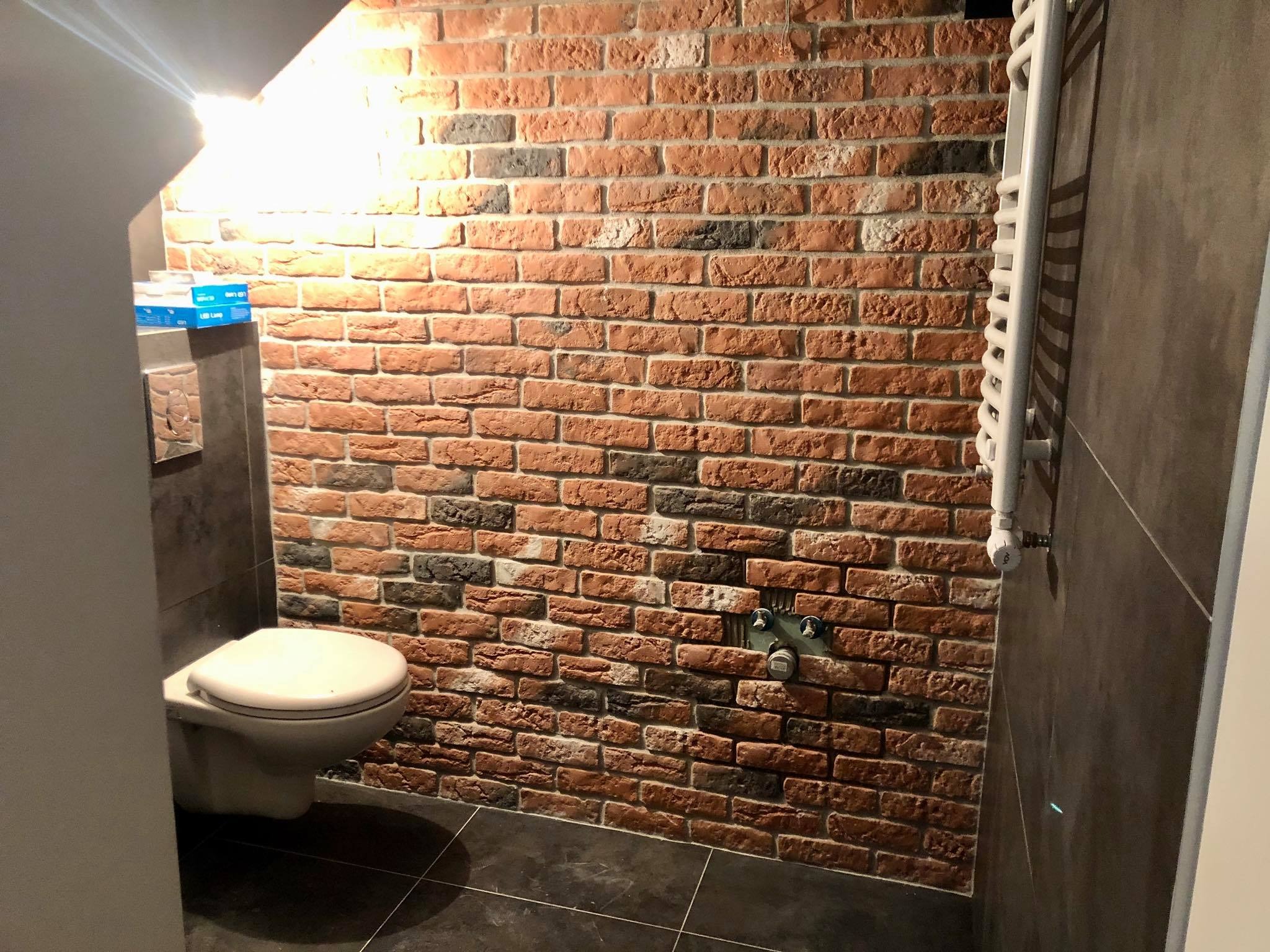 Wykończona łazienka w Pniewach z toaletą i dekoracyjną ścianą z cegły, widoczne przyłącza wodne i grzejnik drabinkowy.