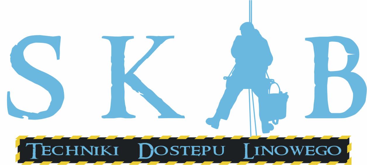 Logo firmy SKAB Techniki Dostępu Linowego z sylwetką pracownika wysokościowego na linach.