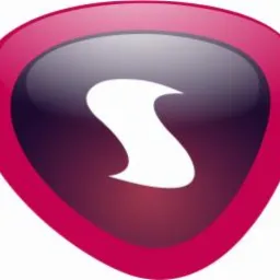 Błyszczące logo w kształcie zaokrąglonego trójkąta z różową obwódką i ciemnofioletowym wypełnieniem, wewnątrz którego znajduje się biały, stylizowany symbol przypominający literę S.