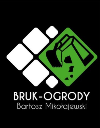 Logo firmy brukarskiej z motywem kostki i koparki na czarnym tle. Nazwa firmy: BRUK-OGRODY Bartosz Mikołajewski.