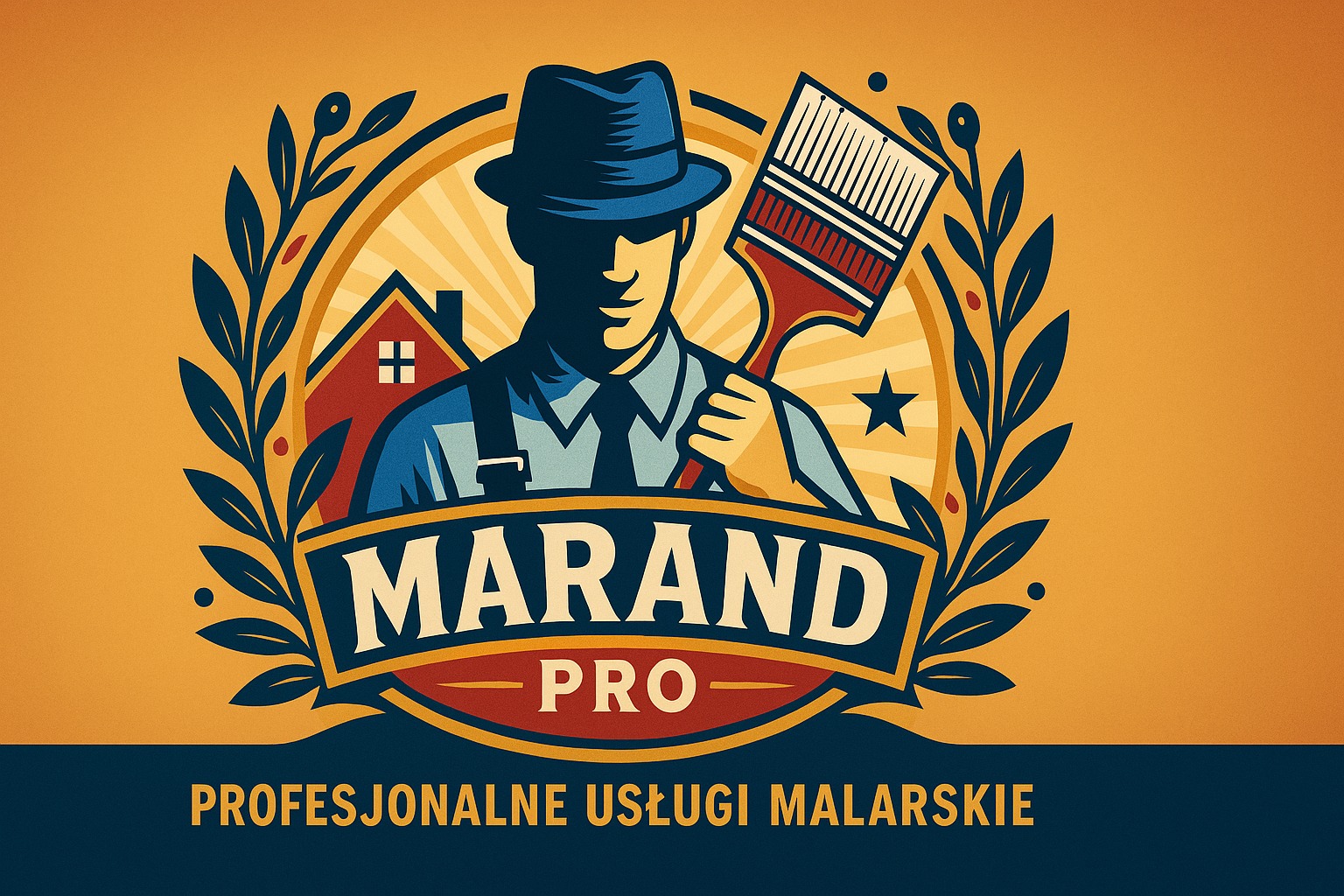 Grafika reklamowa firmy malarskiej: stylizowany mężczyzna w kapeluszu trzyma pędzel, w tle dom i wieniec laurowy, napis 'MARAND PRO - PROFESJONALNE USŁUGI MALARSKIE'.