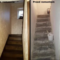 Porównanie schodów przed i po remoncie: po lewej stronie odnowione drewniane schody z dekoracyjną ścianą w odcieniach beżu, po prawej surowe betonowe schody w trakcie prac, z wiadrem i narzędziami.