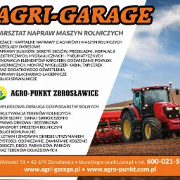 Reklama firmy Agri-Garage i Agro-Punkt Zbrosławice oferującej naprawę maszyn rolniczych, rekultywację teren&oacute;w, zbi&oacute;r słomy, uprawę orkową i bezorkową, transport sprzętem rolniczym oraz usługi...
