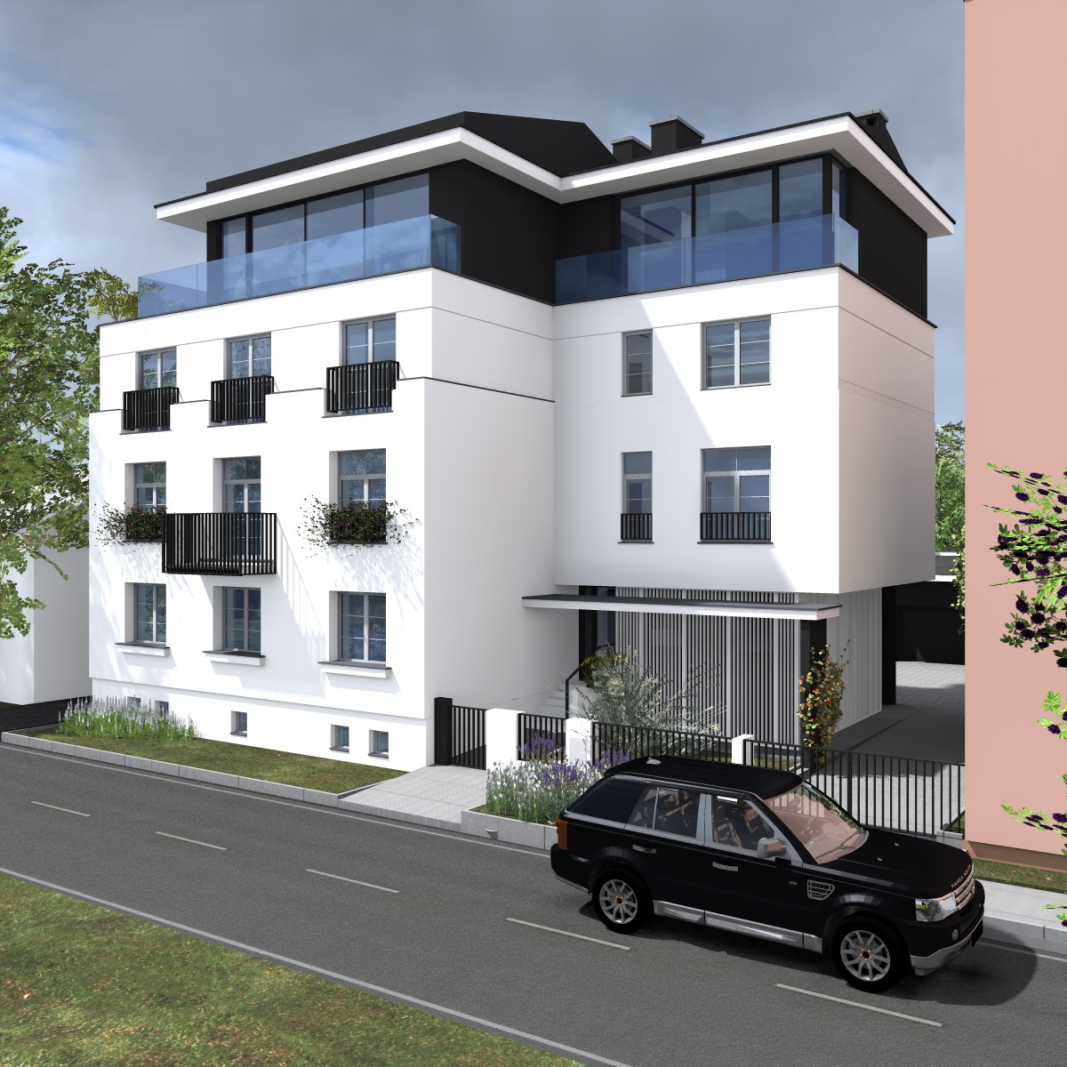 Wizualizacja nowoczesnego, trzypiętrowego apartamentowca z balkonami i szklaną balustradą na dachu, zaparkowany czarny SUV na ulicy przed budynkiem.
