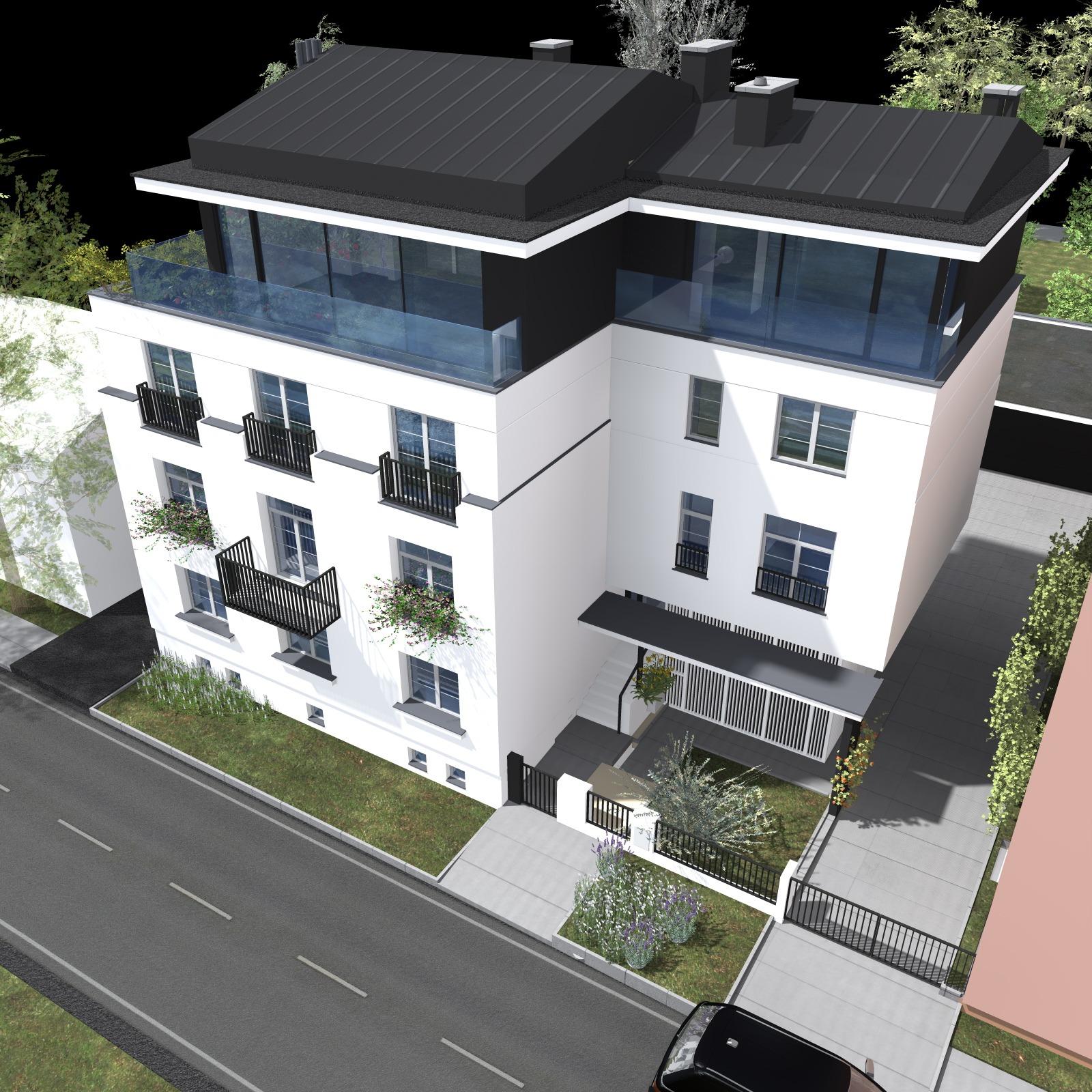 Wizualizacja 3D nowoczesnego, trzypiętrowego domu z płaskim dachem, balkonami z czarnymi balustradami i szklaną barierką na dachu. Widok z góry, zieleń wokół.