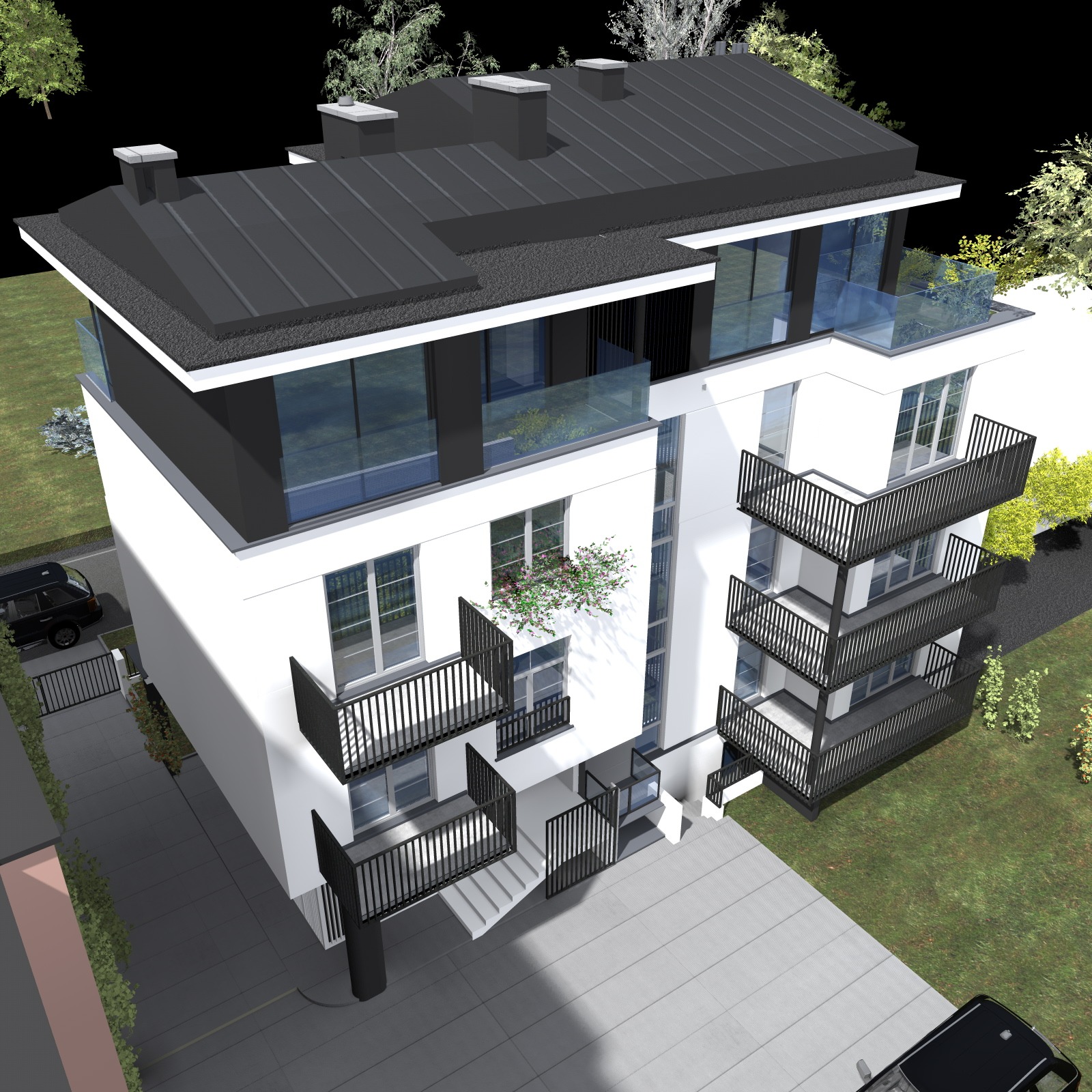 Wizualizacja nowoczesnego, trzypiętrowego domu z balkonami i płaskim dachem, otoczonego zielenią. Uwagę przykuwają szklane balustrady na górnym tarasie i czarne, metalowe barierki balkonów.