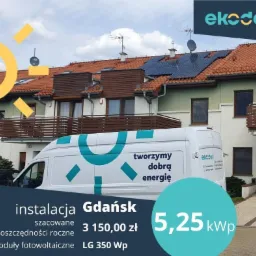 Panele słoneczne na dachu szeregowca, widoczne z perspektywy ulicy, z firmowym vanem z logo i hasłem 'tworzymy dobrą energię' zaparkowanym przed budynkiem, oraz nakładką graficzną z informacją...