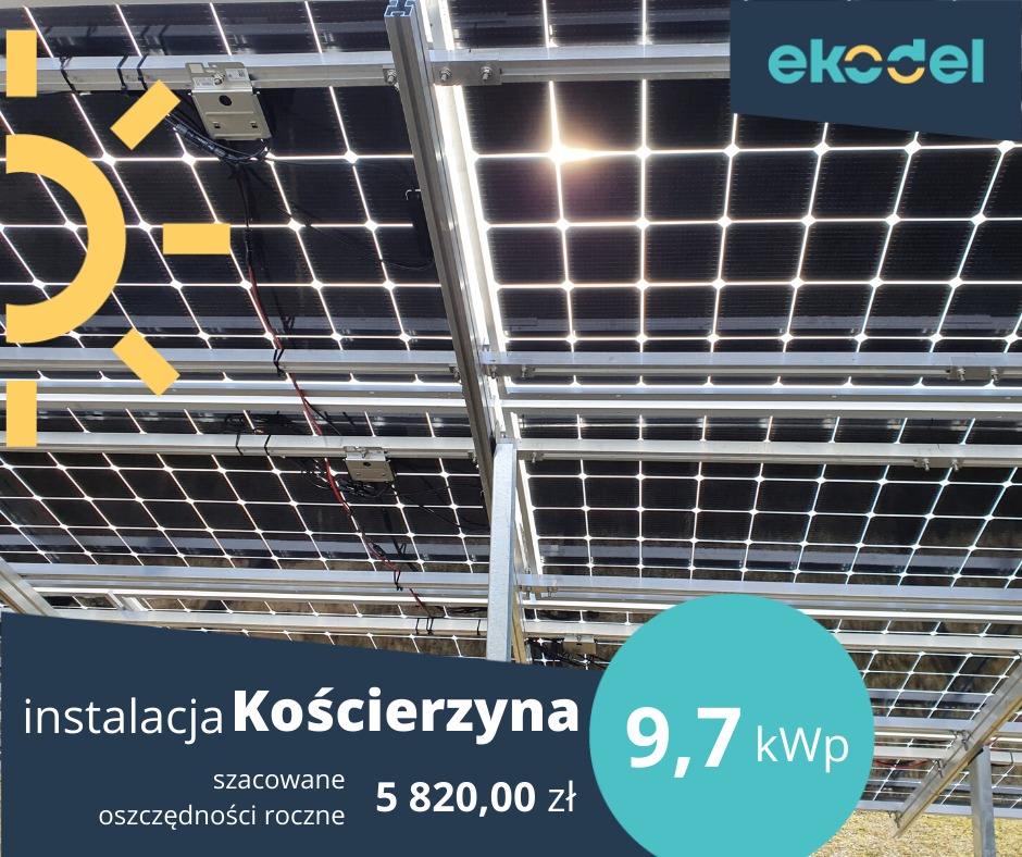 Instalacja paneli słonecznych z widocznymi przewodami i konstrukcją wsporczą, z logotypem firmy Ekodel w prawym górnym rogu oraz informacją o instalacji w Kościerzynie i szacowanych oszczędnościach...