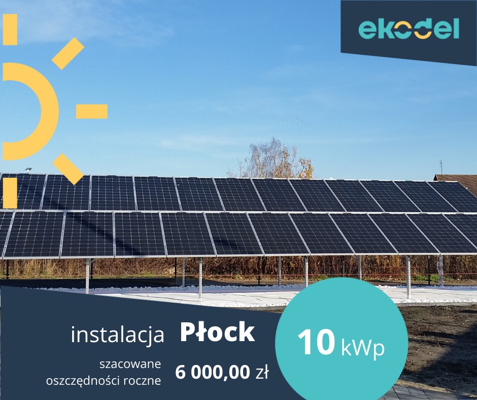 Instalacja paneli solarnych na gruncie z logotypem firmy, widoczne szacowane oszczędności roczne 6000 zł i moc 10 kWp.