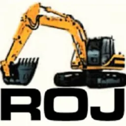 Żółta koparka z czarnym napisem ROJ na białym tle, grafika wektorowa.