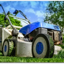 Używana kosiarka spalinowa z niebieskimi elementami, z resztkami trawy na kołach, stoi na trawniku w Lutomiersku, na tle drzew i błękitnego nieba.