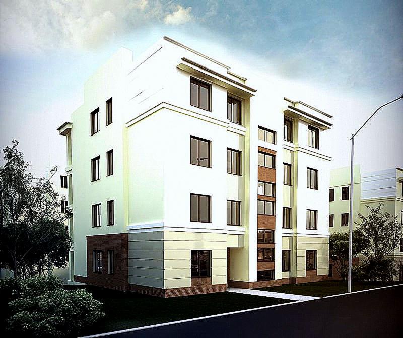 Wizualizacja elewacji budynku wielorodzinnego z białymi ścianami, ciemnymi oknami i ceglaną podstawą, otoczonego zielenią i oświetlonego latarnią uliczną.