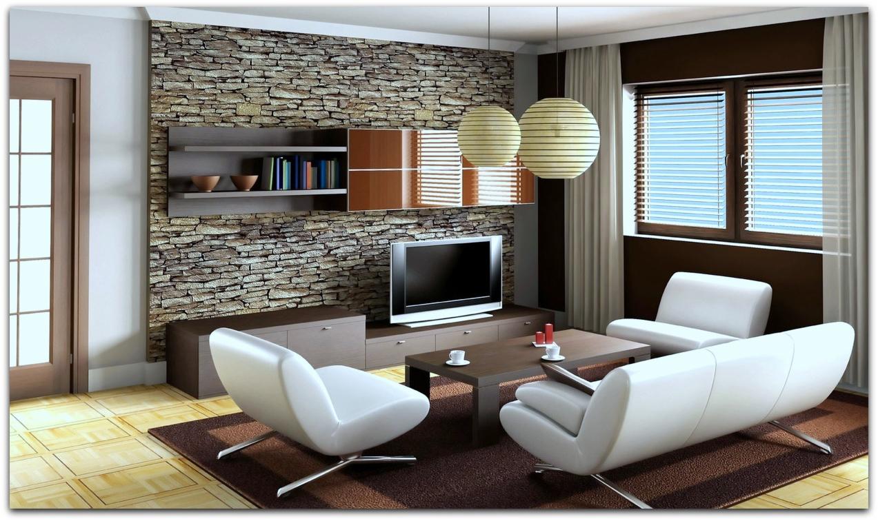 Wnętrze salonu z dekoracyjną ścianą z kamienia, nowoczesnymi białymi meblami i drewnianą podłogą, oświetlone wiszącymi lampami kulistymi.