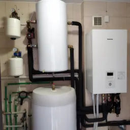 Biały, wiszący piec grzewczy Panasonic Aquarea z widocznymi rurami i zbiornikami w kotłowni z beżowymi płytkami na ścianie.