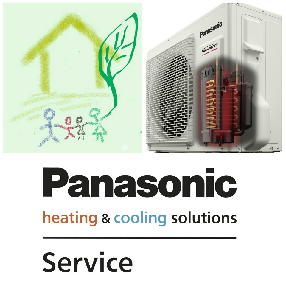 Grafika reklamowa z pompą ciepła Panasonic, rysunkiem rodziny i domu z liściem, hasłem 'heating & cooling solutions' oraz napisem 'Service', Białobrzegi.