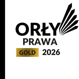 Kancelaria Adwokacka Marcin Sołub - Logo nagrody Orły Prawa Gold 2026, z czarnym napisem i stylizowanymi piórami orła, wyróżnione złotym prostokątem z napisem GOLD na białym tle.