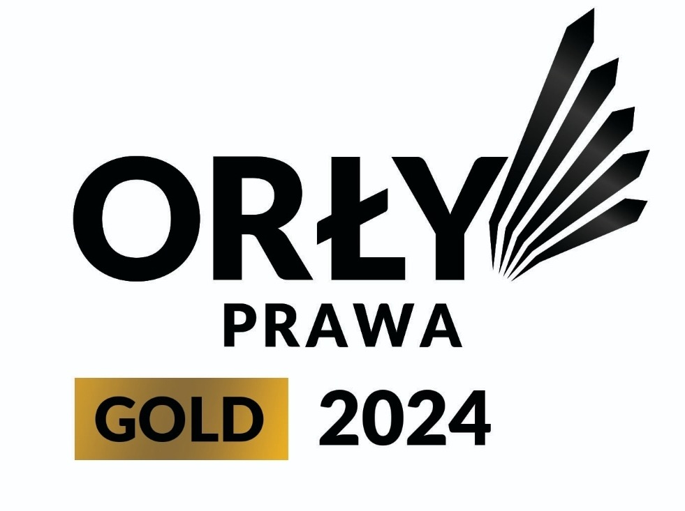Logo 'Orły Prawa' z dopiskiem 'Gold 2024' na złotym tle, symbolizujące nagrodę lub wyróżnienie w branży prawniczej.