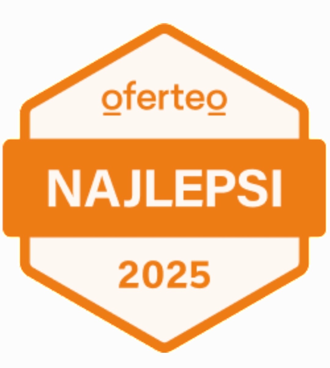 Pomarańczowa odznaka Oferteo z napisem 'NAJLEPSI 2025' na białym tle w kształcie sześciokąta.