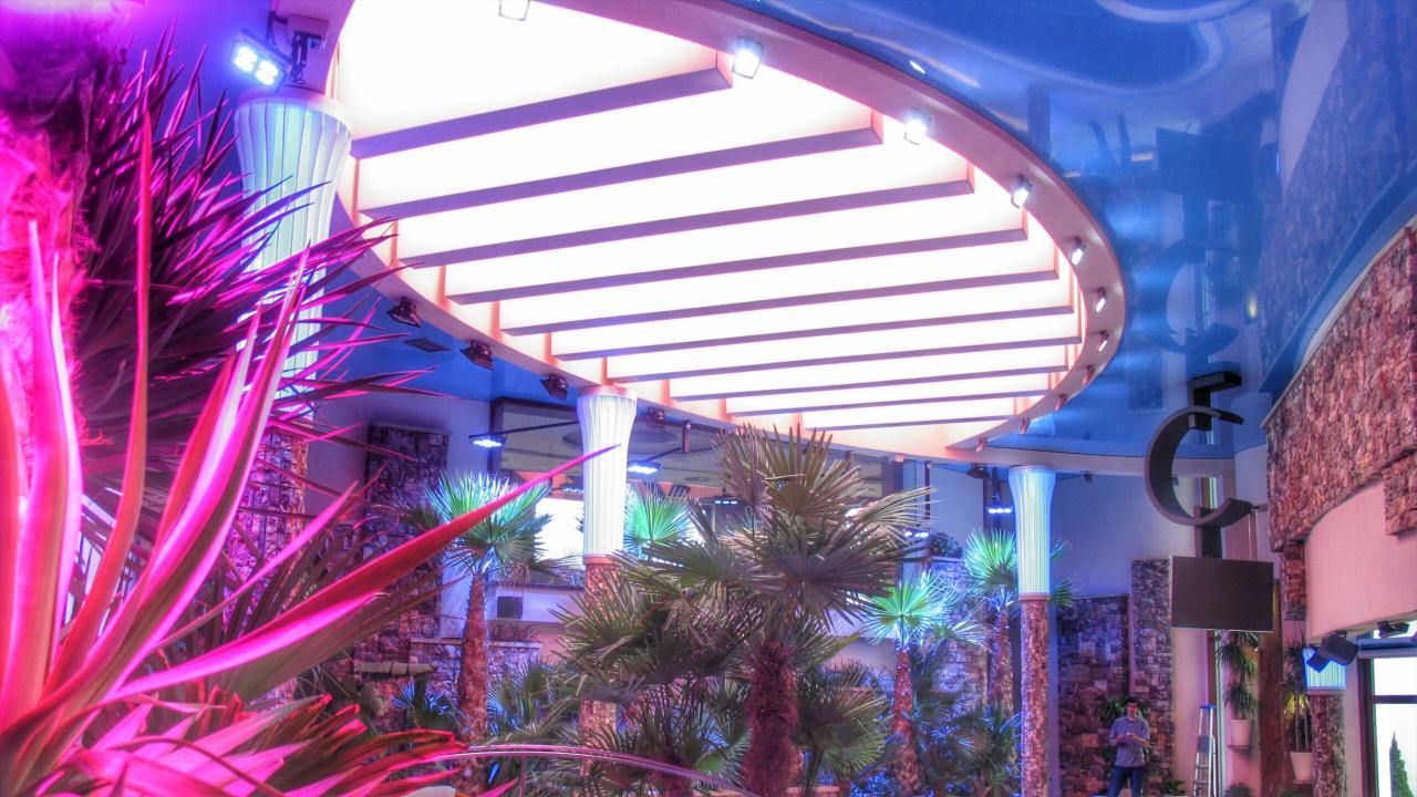 Nietypowy sufit napinany w kolorze błękitu, z podwieszaną konstrukcją oświetleniową i dekoracyjnymi kolumnami, w otoczeniu egzotycznych roślin podświetlonych na różowo.