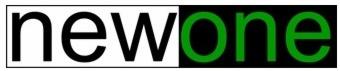 Logo firmy z napisem 'newone', gdzie 'new' jest czarne na białym tle, a 'one' jest zielone na czarnym tle.