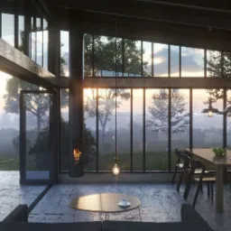 Wnętrze nowoczesnego domu szkieletowego z dużymi oknami, widok na zewnątrz o zachodzie słońca, w tle turbiny wiatrowe, minimalistyczny wystrój z wiszącym kominkiem i stołem jadalnym.