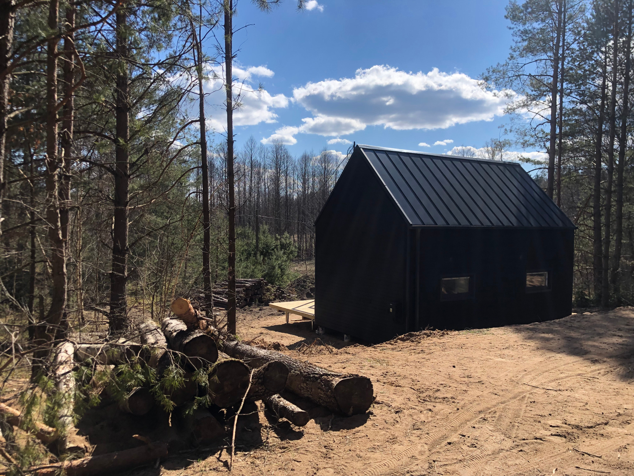 Czarny, nowoczesny dom z metalowym dachem na skraju lasu sosnowego, z pryzmą ściętych pni drzew na pierwszym planie i małym drewnianym tarasem z boku.