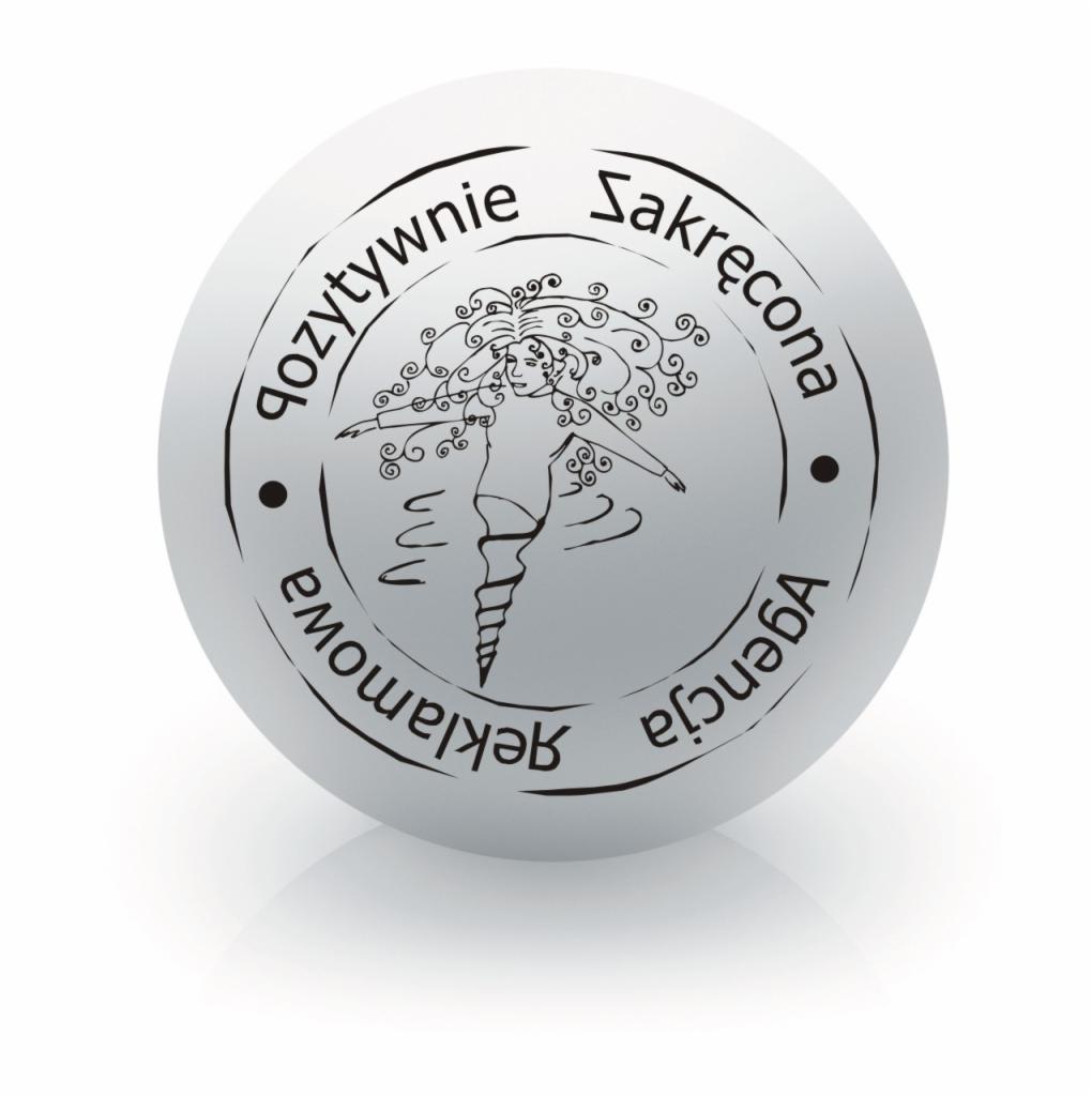 Biała kula z czarnym rysunkiem kobiety z kręconymi włosami, której dolna część ciała przechodzi w stożek, otoczona napisem 'Pozytywnie Zakręcona Agencja Reklamowa'.