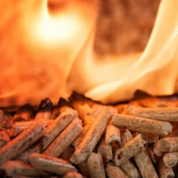 Płonące drewniane granulki w palenisku, widoczne płomienie ogrzewające biopaliwo.