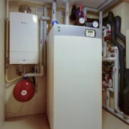 Biały piec grzewczy z szarym panelem sterowania i manometrami, otoczony siecią rur w kolorze białym i czarnym, zamontowany w pomieszczeniu z beżowymi płytkami.