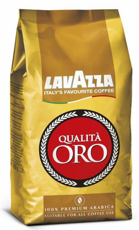 Żółta torba kawy Lavazza Qualita Oro, z widocznym logo i napisem 'Italy's favourite coffee', 100% premium arabica.