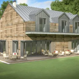 Wizualizacja domu z drewnianą elewacją, metalowym dachem i tarasem z meblami ogrodowymi, otoczonego zielenią.
