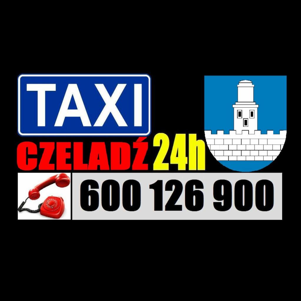 Grafika reklamowa Taxi Czeladź 24h z numerem telefonu 600 126 900, stylizowana z herbem miasta i czerwonym telefonem stacjonarnym.