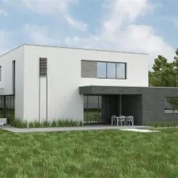 Wizualizacja nowoczesnego, dwukondygnacyjnego domu z płaskim dachem i basenem, z widoczną częścią tarasu i ogrodu, w minimalistycznej stylistyce.