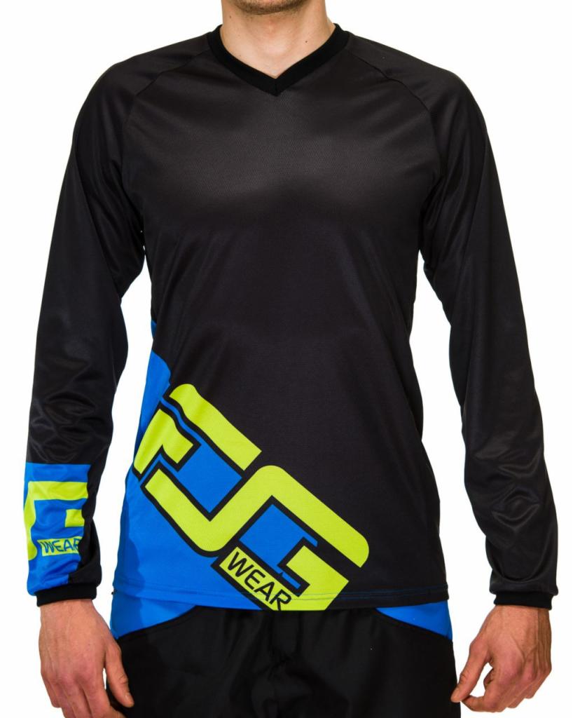 Czarna koszulka z długim rękawem z niebiesko-zielonym nadrukiem logo i napisem 'WEAR' na klatce piersiowej i mankiecie, widok z przodu.