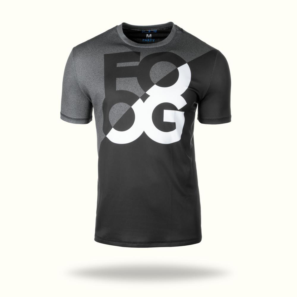 Szaro-czarna koszulka z nadrukiem '5G' w białym kolorze, zawieszona na niewidocznym tle, z delikatnym cieniem pod spodem, prezentacja produktu.