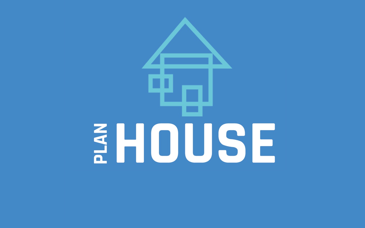 Logo firmy Plan House na niebieskim tle, przedstawiające uproszczony, geometryczny rysunek domu.