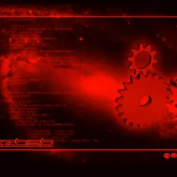 Stylizowana grafika w czerwonych odcieniach przedstawiająca trzy zazębiające się koła zębate na tle kodu programistycznego i kosmicznej mgławicy, z napisem 'Warsztat' w neonowym stylu i adresem...