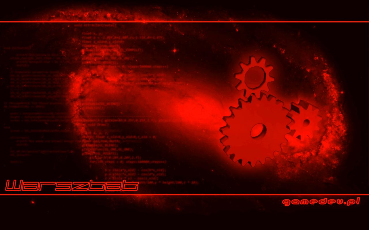 Stylizowana grafika w czerwonych odcieniach przedstawiająca trzy zazębiające się koła zębate na tle kodu programistycznego i kosmicznej mgławicy, z napisem 'Warsztat' w neonowym stylu i adresem...