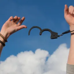 Ręce wzniesione ku niebu, jedna z otwartymi kajdankami, symbolizujące wolność i uwolnienie od ograniczeń.