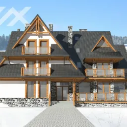 Wizualizacja dwukondygnacyjnego domu w stylu góralskim z balkonami i kamienną elewacją w Nowym Targu, na tle ośnieżonego krajobrazu.