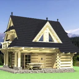 Wizualizacja projektu domu z bali w stylu góralskim z ciemnym dachem, zlokalizowanego w malowniczym Czarnym Dunajcu, na tle górskiego krajobrazu.