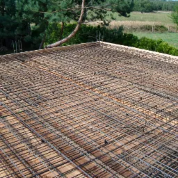 Zbrojenie stropu na deskowaniu z widocznymi odstępami i wystającymi prętami, w tle zieleń drzew i łąka. Kąt ujęcia z góry.