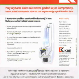 Przekrój profilu okiennego z pięciokomorową konstrukcją, prezentujący technologię bezołowiową i właściwości izolacyjne.