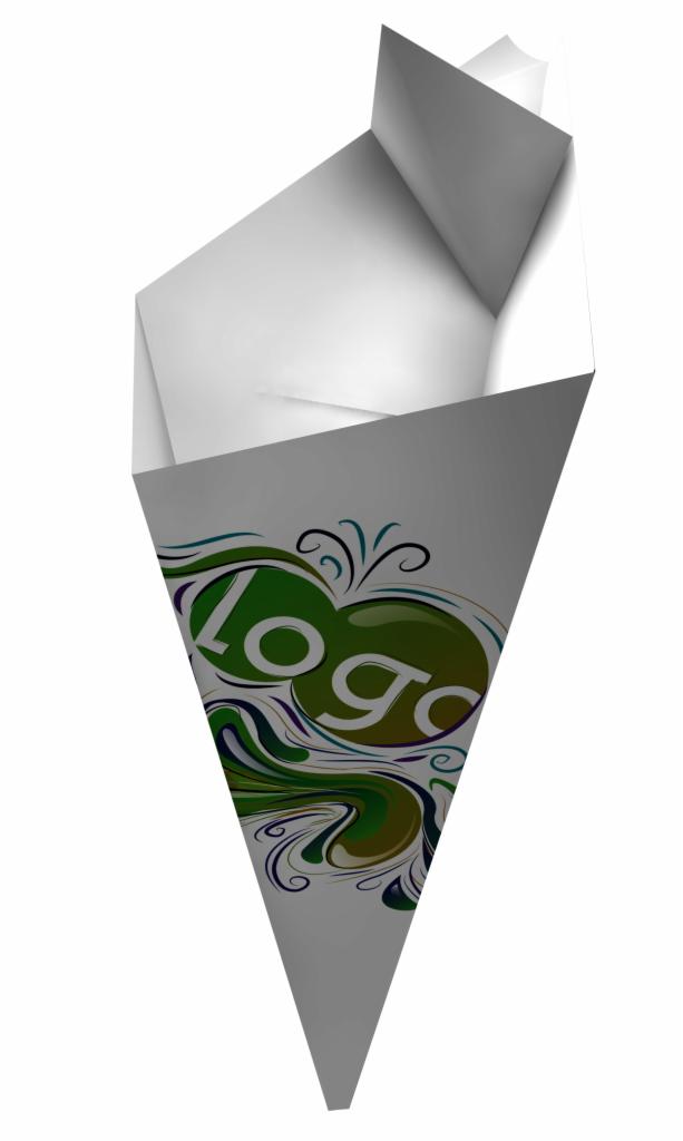 Otwarty, trójkątny karton z nadrukowanym, abstrakcyjnym logo w odcieniach zieleni i fioletu, ukazujący wnętrze opakowania. Grafika o nietypowym kształcie.