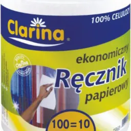 Rolka ręcznika papierowego Clarina z grafiką dłoni wycierającej powierzchnię. Opakowanie z napisem 'ekonomiczny Ręcznik papierowy' i informacją o długości.