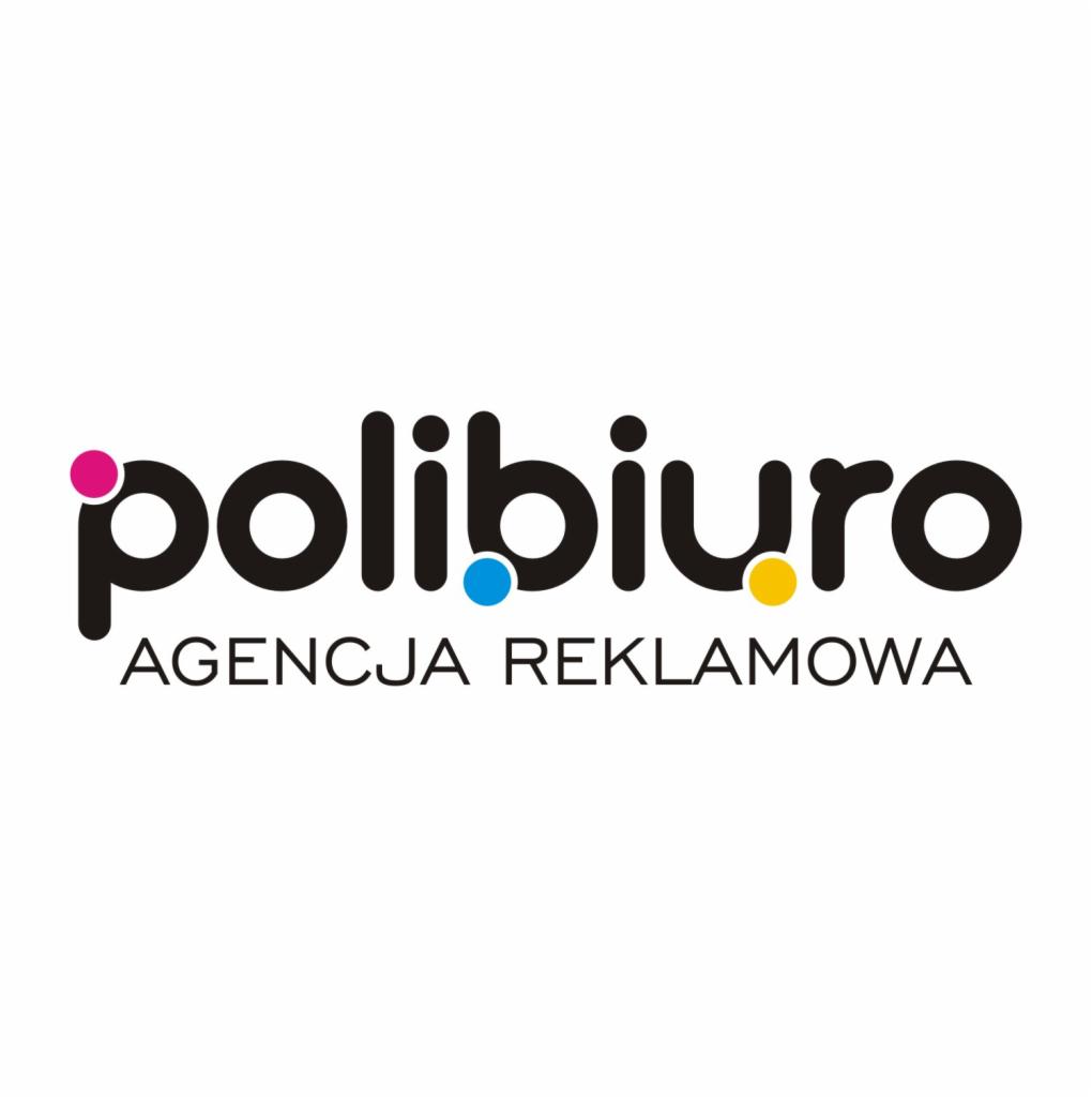 Logo firmy 'polibiurowo' z dopiskiem 'AGENCJA REKLAMOWA', czarne litery z kolorowymi kropkami nad 'i' w kolorach magenta, cyjan i żółty, na białym tle.