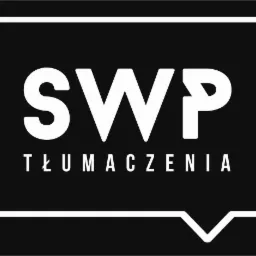 Logo firmy SWP Tłumaczenia z Olsztynka, biały napis na czarnym tle, obramowanie w kształcie dymku.